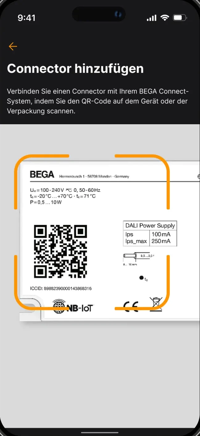 BEGA Connect App: Connector über den QR-Code auf dem Gerät hinzufügen