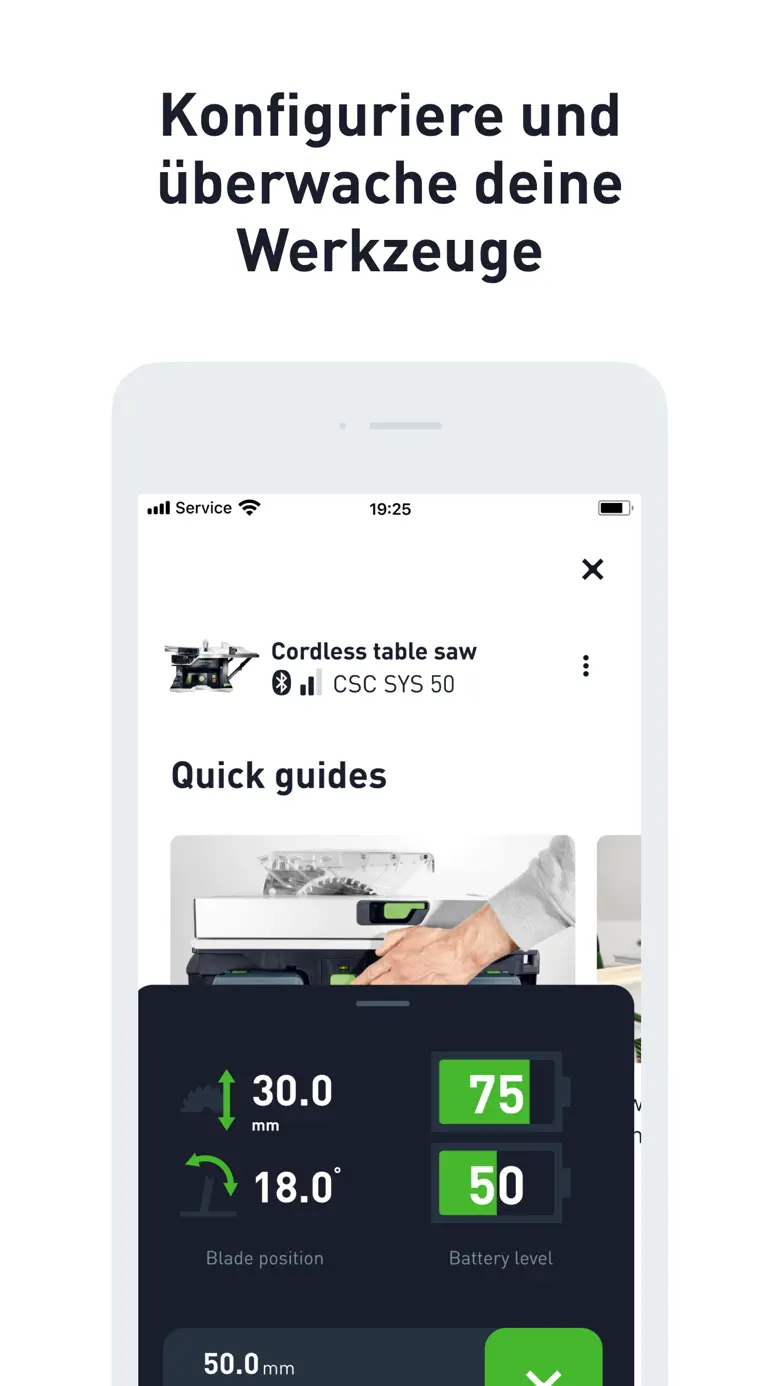 Festool-App: Akku-Tischkreissäge konfigurieren und überwachen
